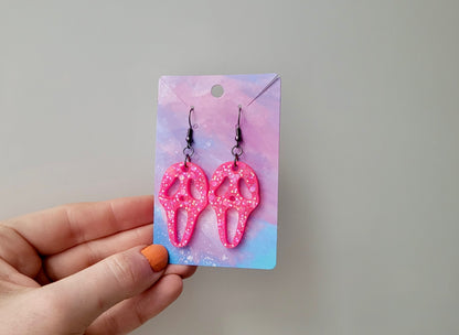 Hot Pink Glitter Ghostface Earrings - Scream Inspired - Stainless Steel Hooks