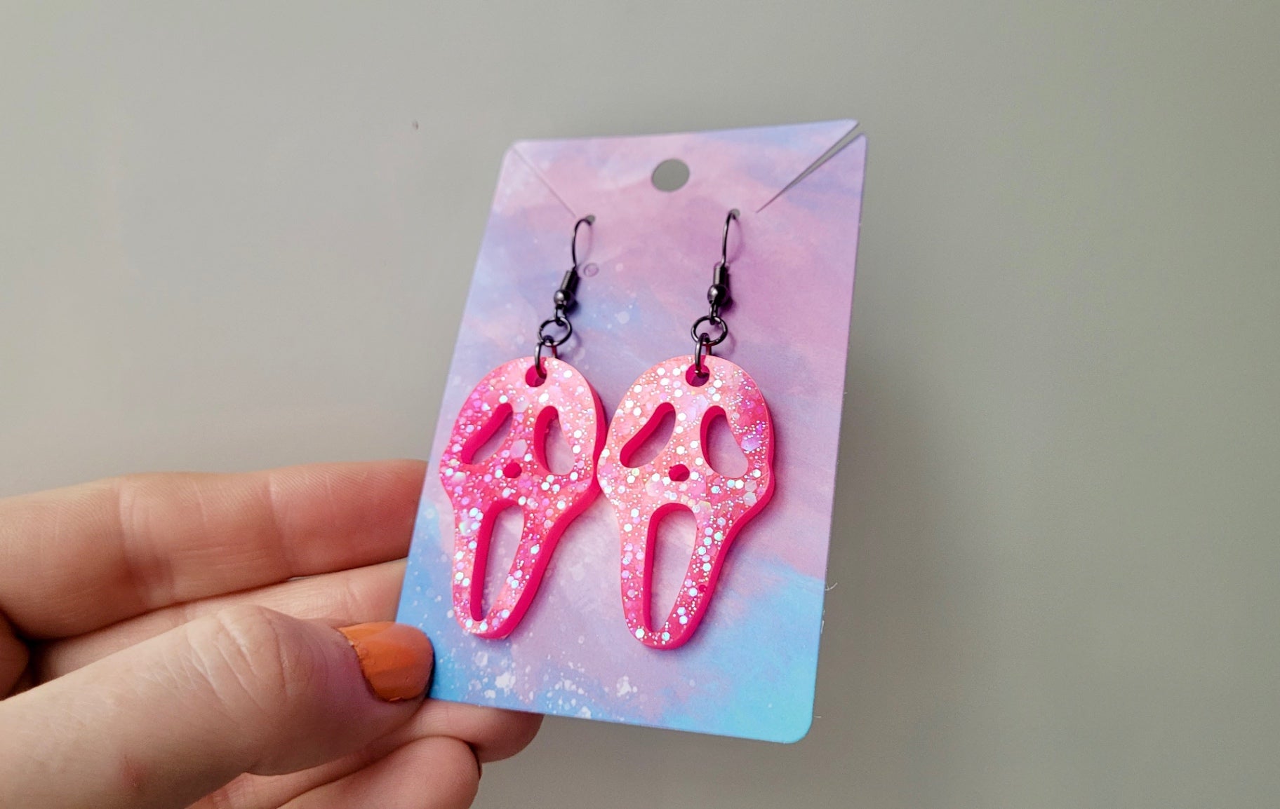 Hot Pink Glitter Ghostface Earrings - Scream Inspired - Stainless Steel Hooks