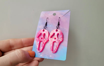 Hot Pink Glitter Ghostface Earrings - Scream Inspired - Stainless Steel Hooks