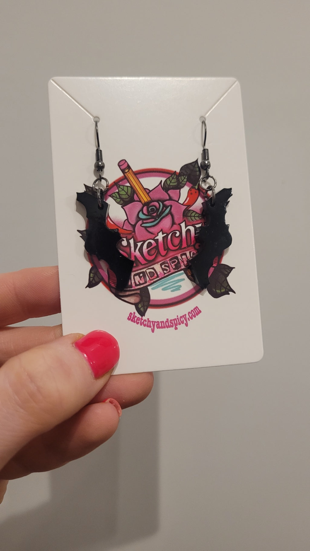 Glossy Black Bat Earrings - Stainless Steel Hooks