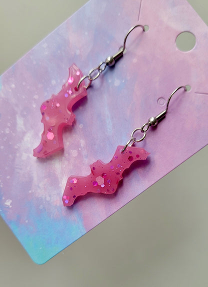 Pink Glitter Bat Earrings - ‘W’ Wing - Stainless Steel Hooks