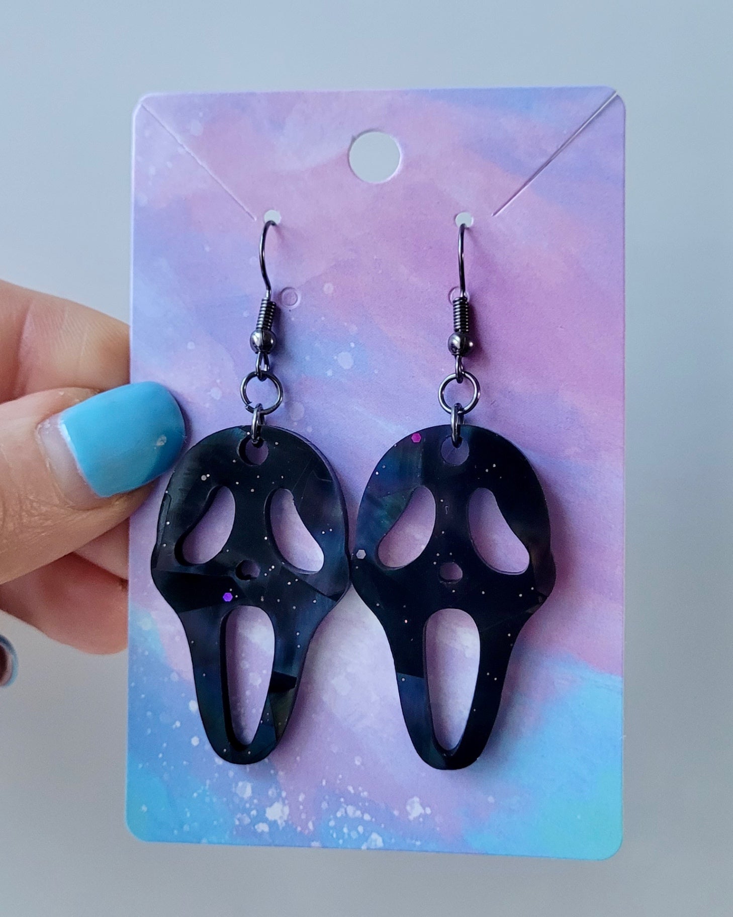Black Gloss Holographic Ghostface Earrings - Scream Inspired - Stainless Steel Hooks