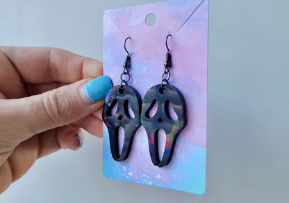 Black Gloss Holographic Ghostface Earrings - Scream Inspired - Stainless Steel Hooks