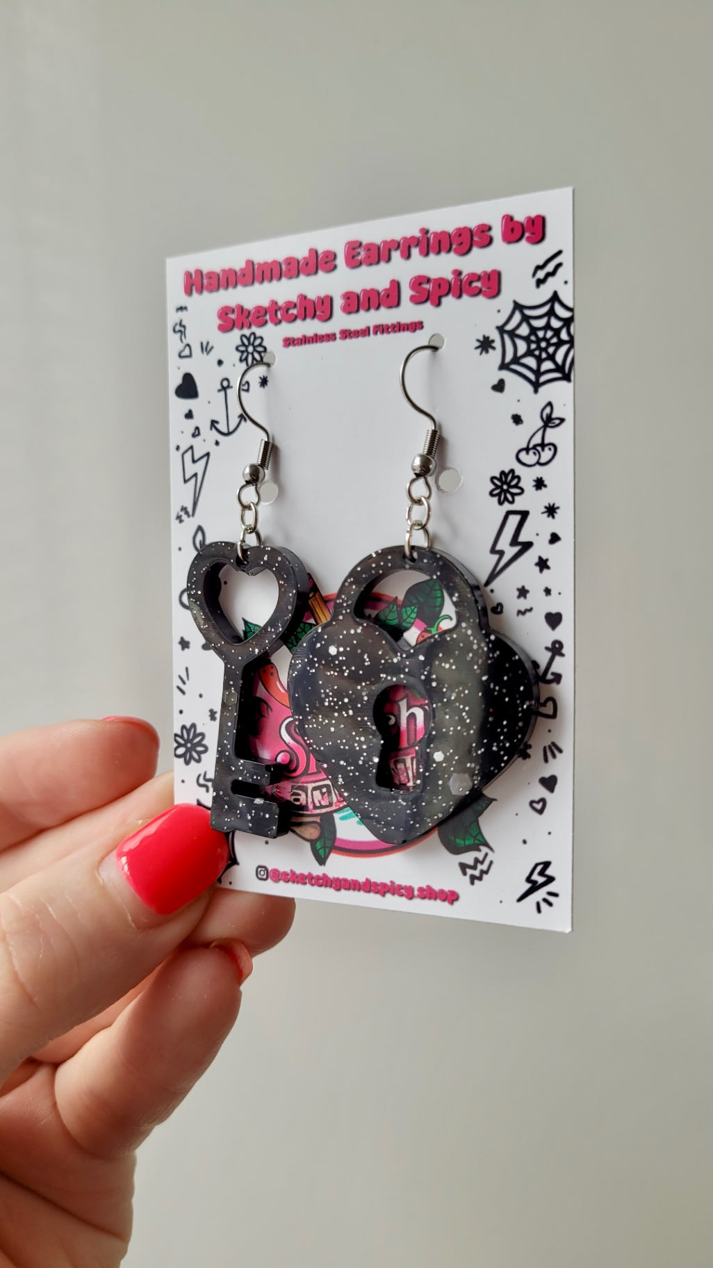 Black Glitter Key & Heart Lock Earrings - Stainless Steel Hooks