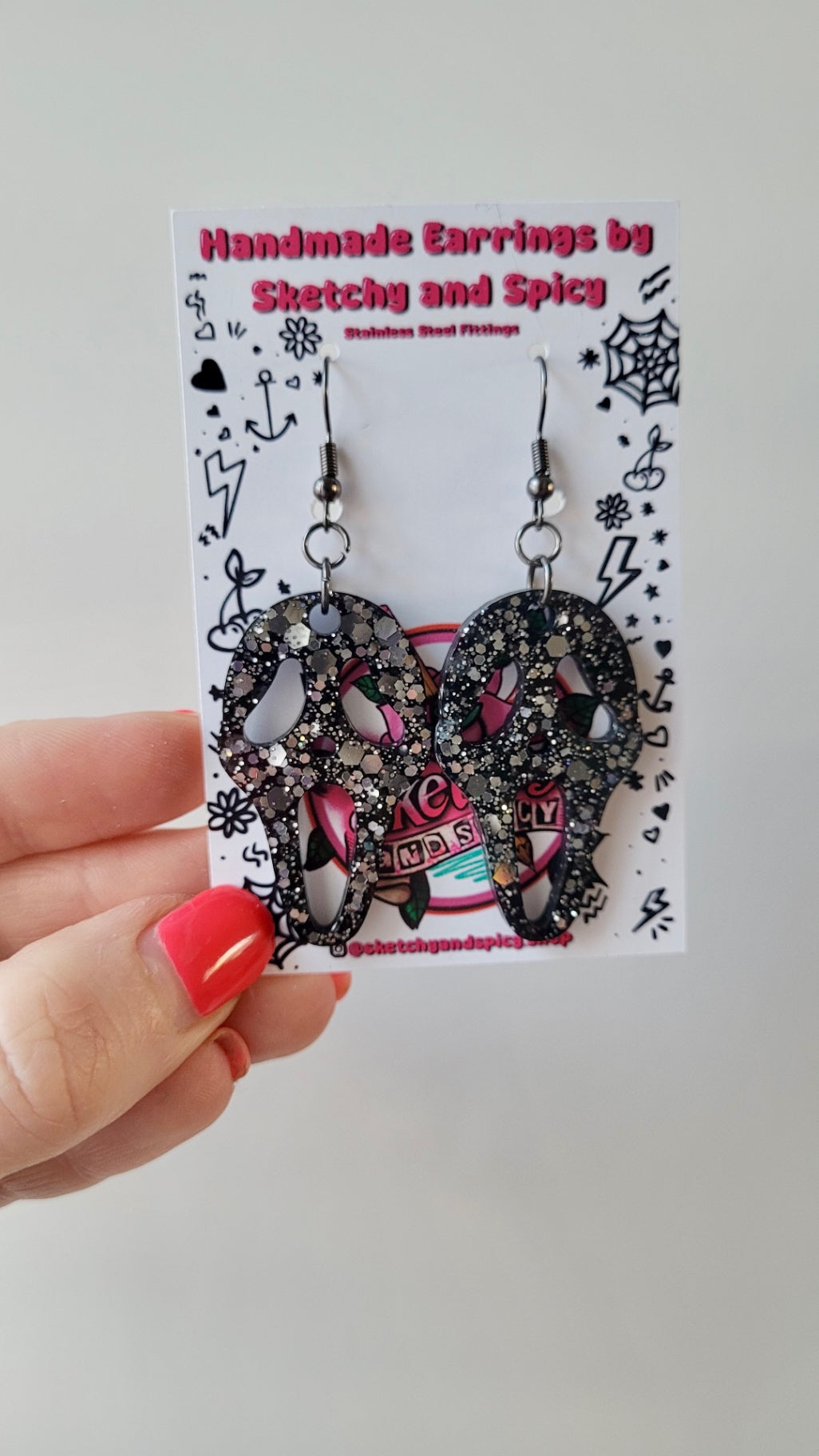 Black with Silver Glitter Ghostface Earrings - Scream Inspired - Stainless Steel Hooks