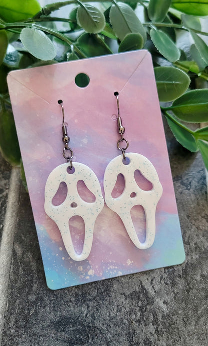 White with Blue Glitter Ghostface Earrings - Scream Inspired - Stainless Steel Hooks
