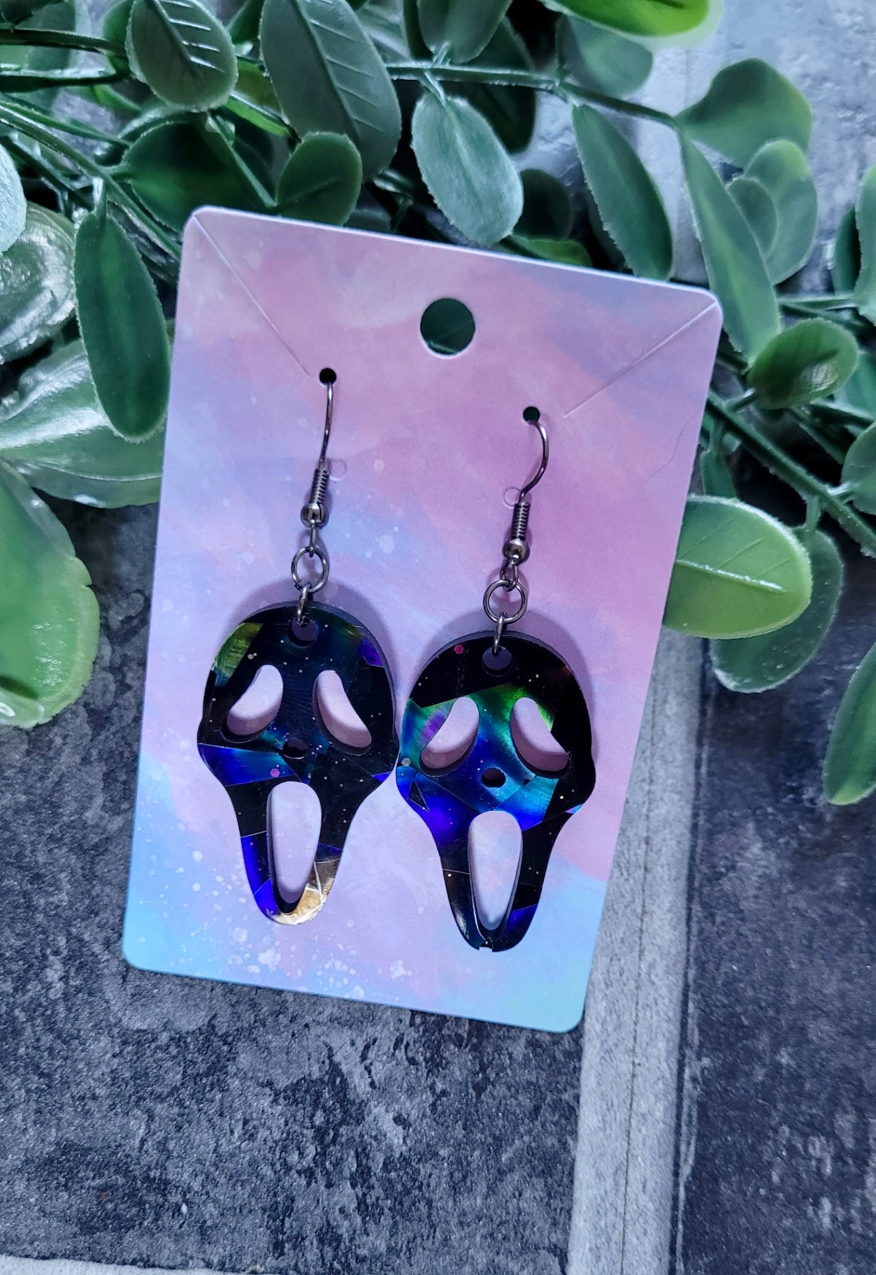 Black Gloss Holographic Ghostface Earrings - Scream Inspired - Stainless Steel Hooks