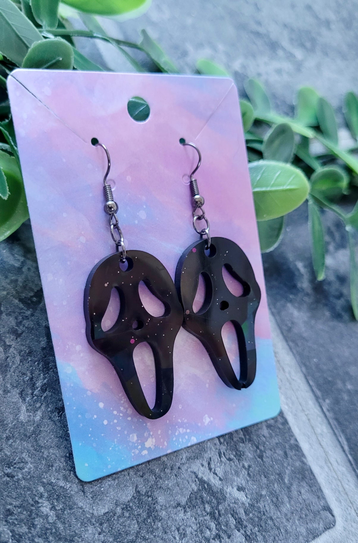 Black Gloss Holographic Ghostface Earrings - Scream Inspired - Stainless Steel Hooks