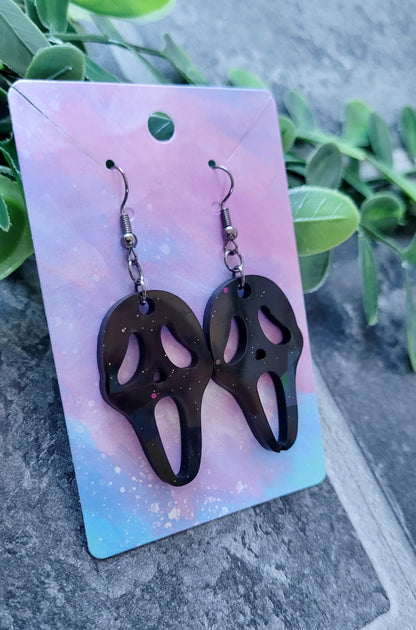 Black Gloss Holographic Ghostface Earrings - Scream Inspired - Stainless Steel Hooks