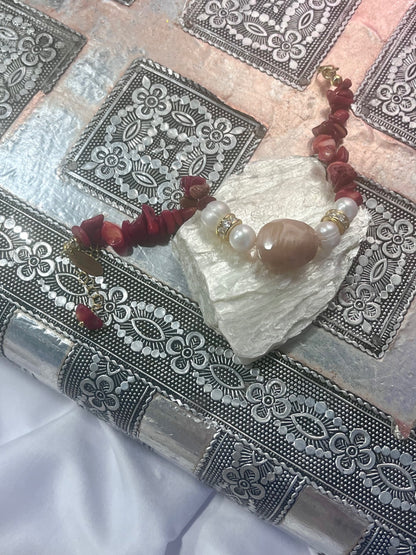 Red Coral & Biwa Pearl Bracelet 