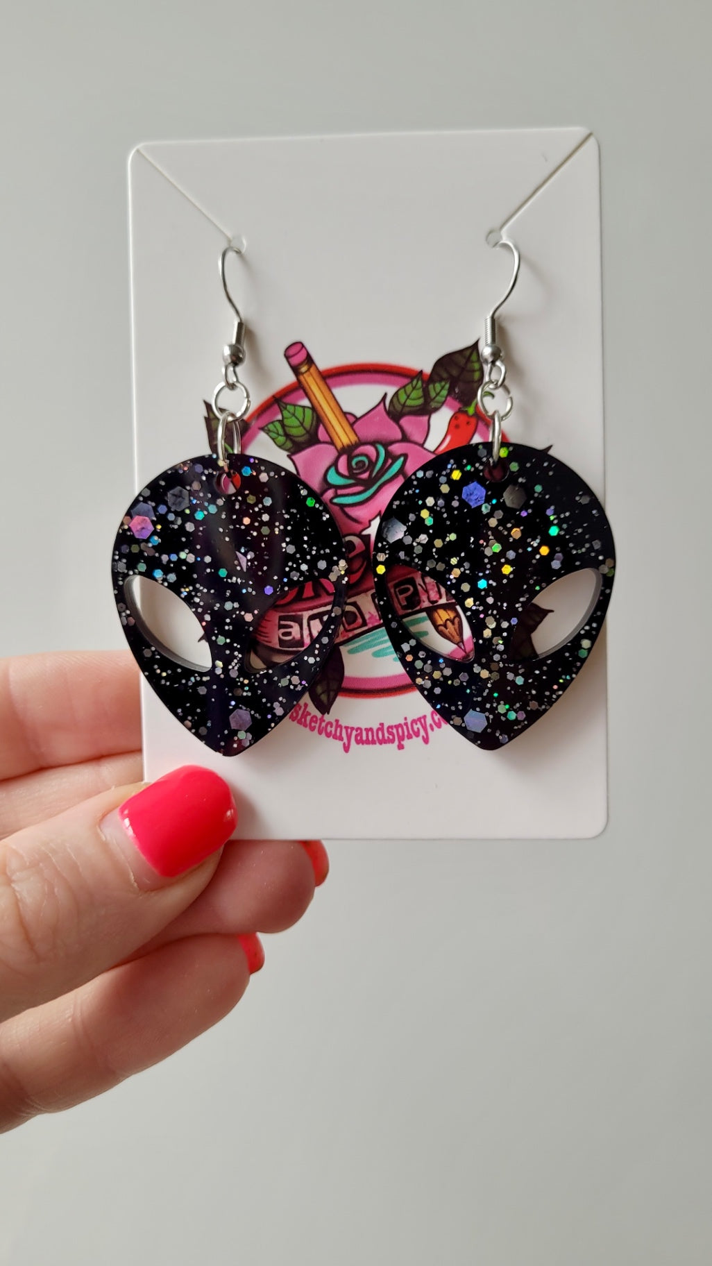 Black with Silver Glitter Alien Head Earrings - Stainless Steel Hooks