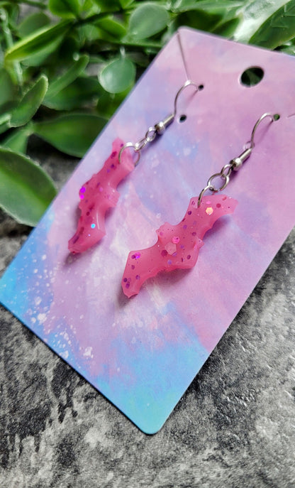 Pink Glitter Bat Earrings - ‘W’ Wing - Stainless Steel Hooks