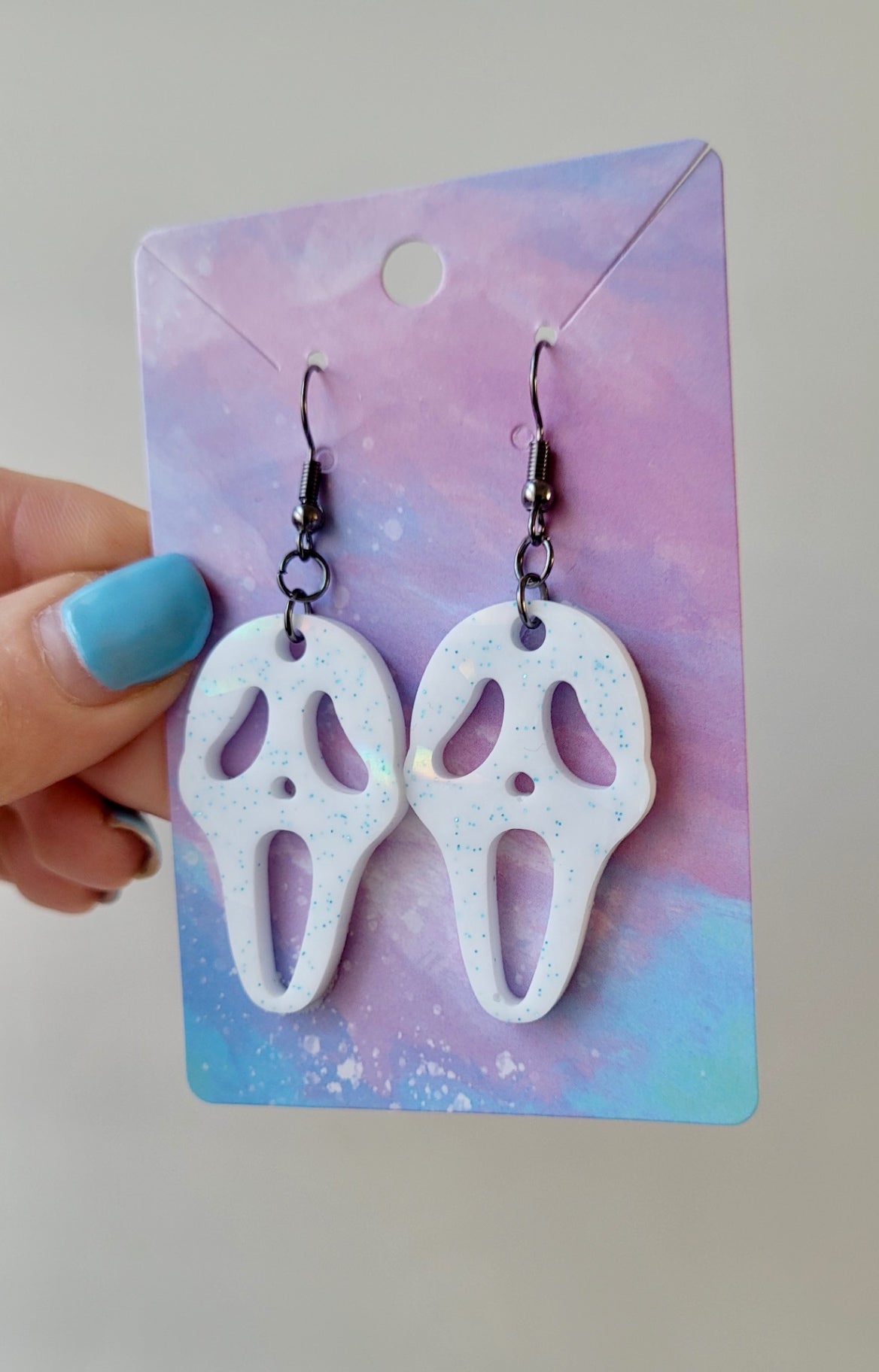 White with Blue Glitter Ghostface Earrings - Scream Inspired - Stainless Steel Hooks