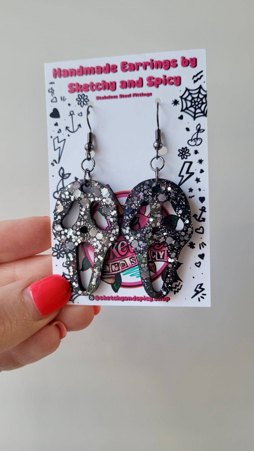 Black with Silver Glitter Ghostface Earrings - Scream Inspired - Stainless Steel Hooks