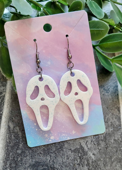 White with Blue Glitter Ghostface Earrings - Scream Inspired - Stainless Steel Hooks
