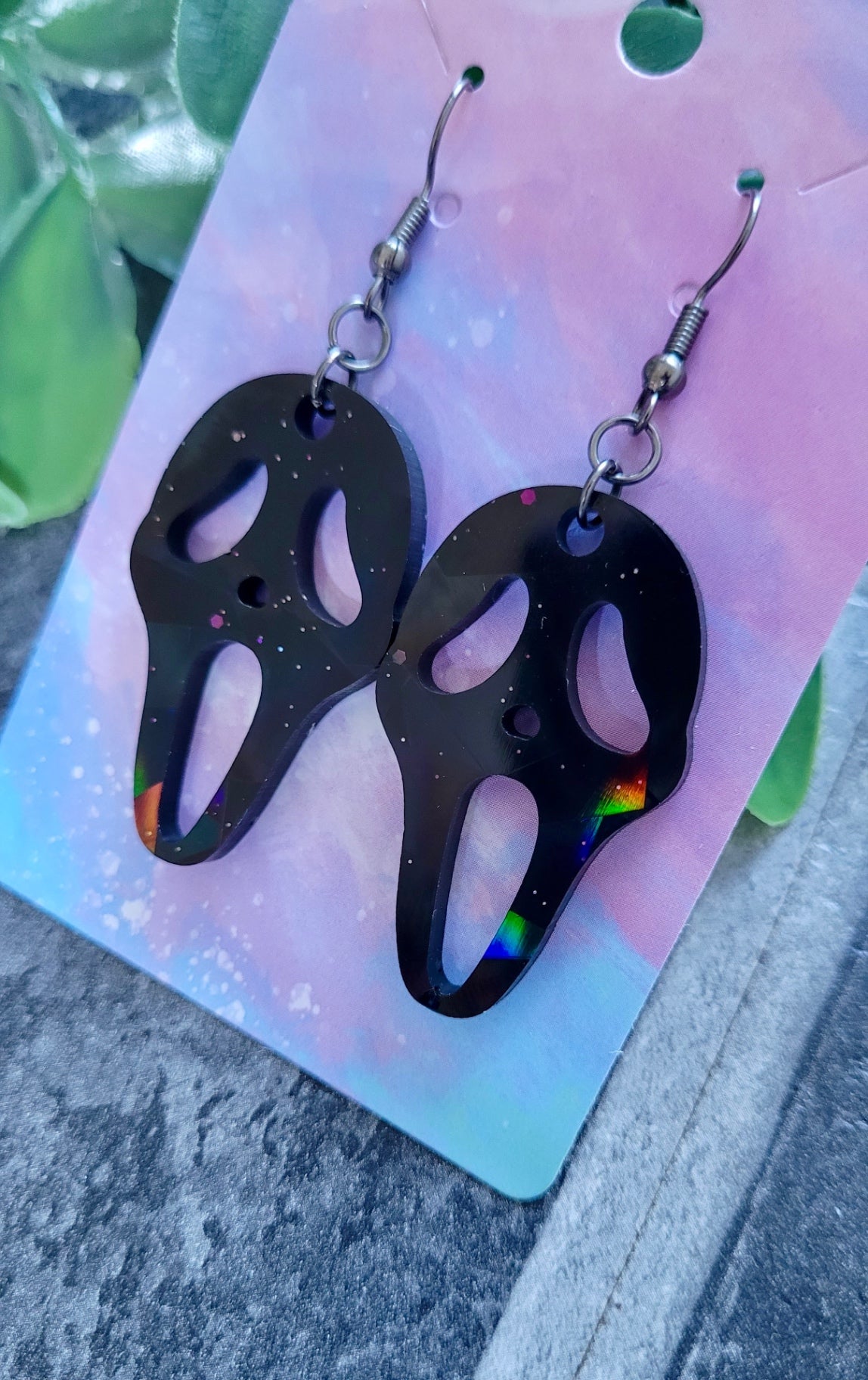 Black Gloss Holographic Ghostface Earrings - Scream Inspired - Stainless Steel Hooks