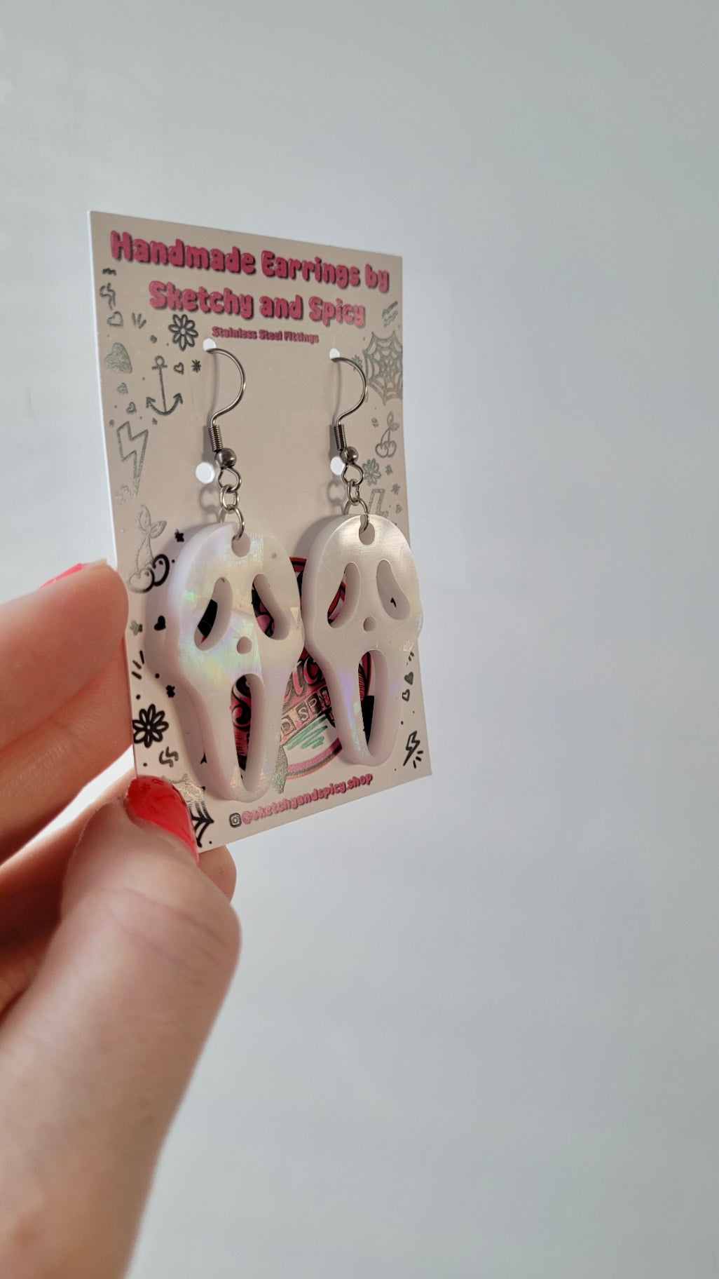 White Gloss Holographic Ghostface Earrings - Scream Inspired - Stainless Steel Hooks