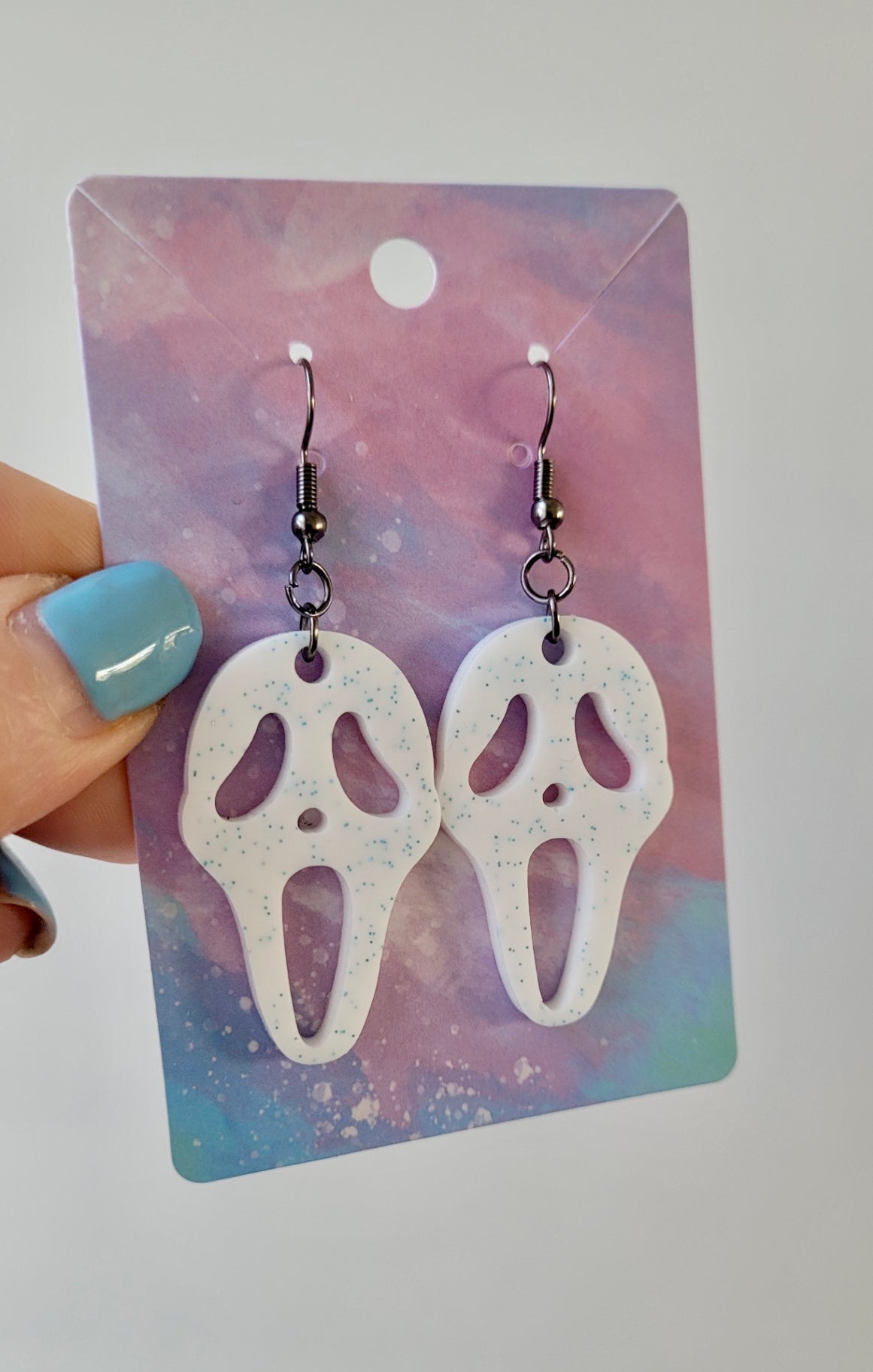 White with Blue Glitter Ghostface Earrings - Scream Inspired - Stainless Steel Hooks
