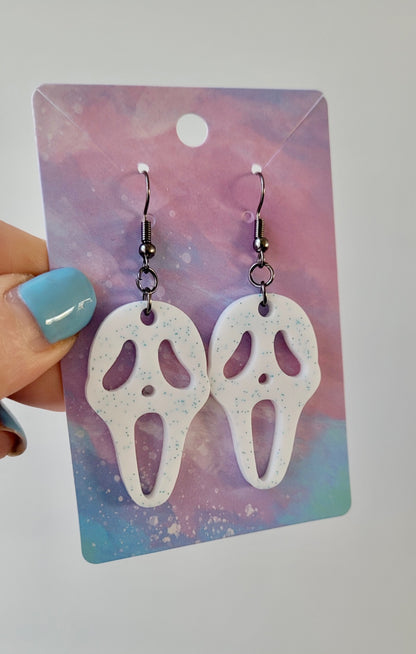 White with Blue Glitter Ghostface Earrings - Scream Inspired - Stainless Steel Hooks
