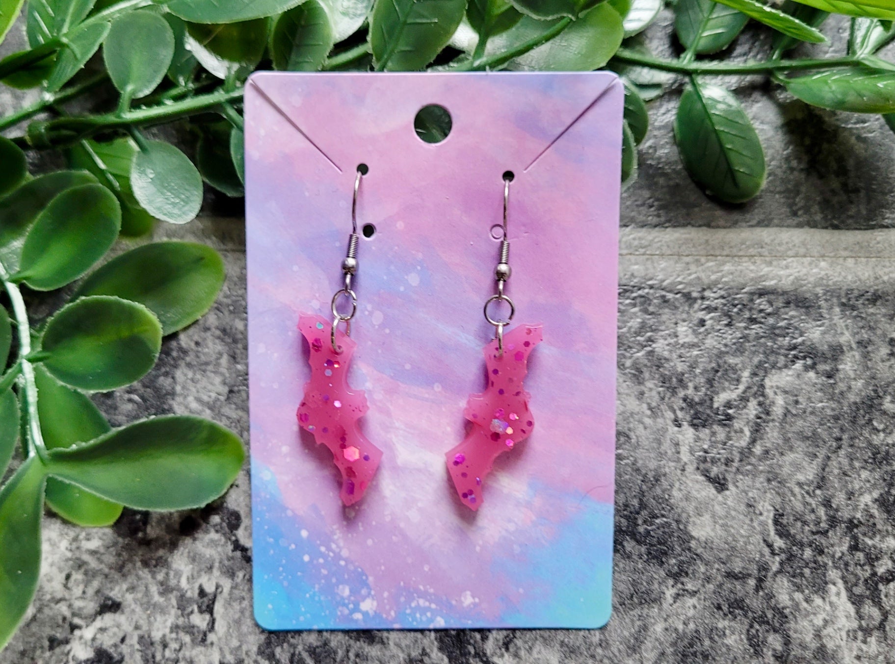 Pink Glitter Bat Earrings - ‘W’ Wing - Stainless Steel Hooks