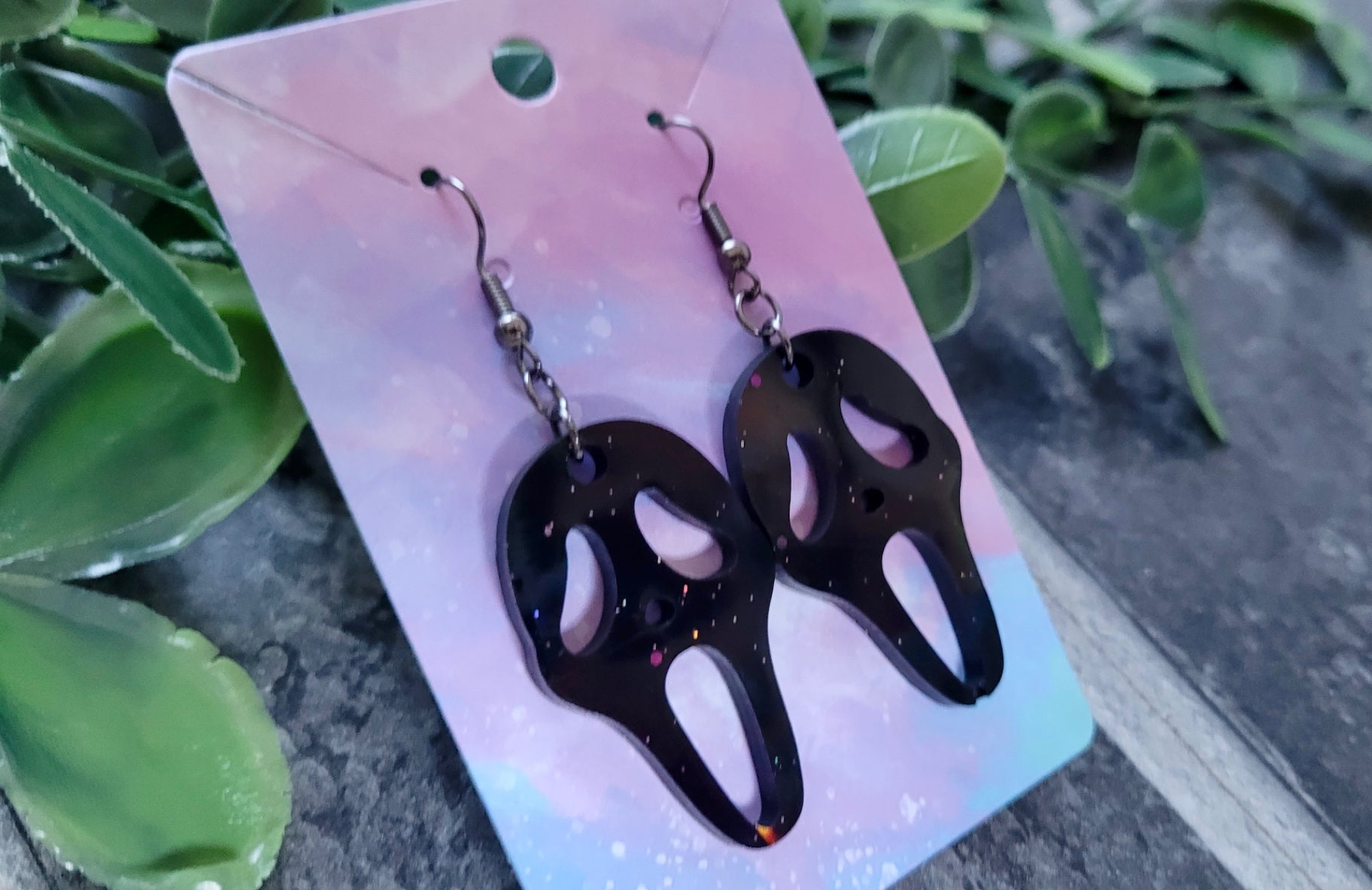 Black Gloss Holographic Ghostface Earrings - Scream Inspired - Stainless Steel Hooks