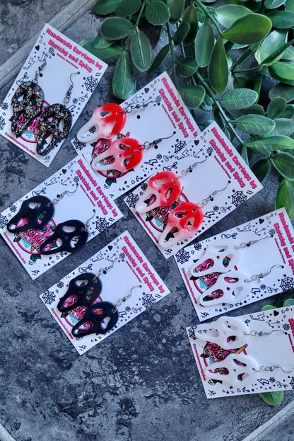 Black with Silver Glitter Ghostface Earrings - Scream Inspired - Stainless Steel Hooks