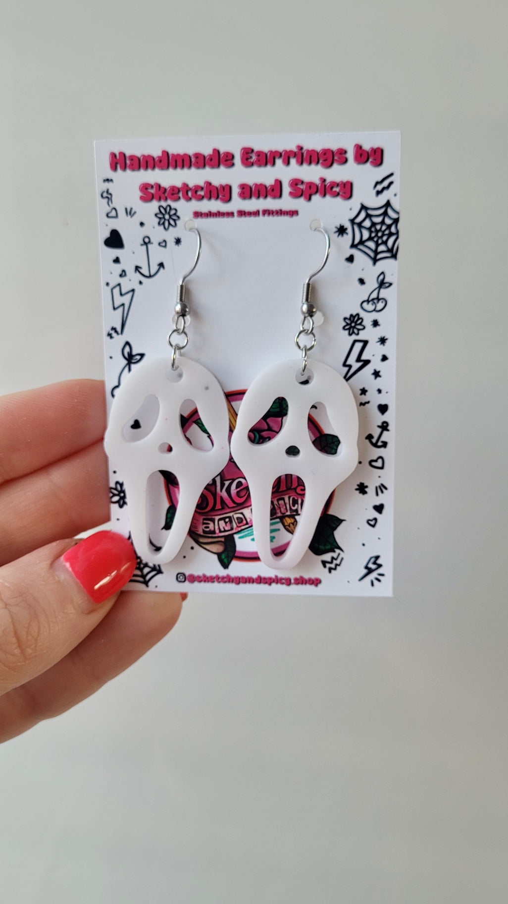 White Gloss Holographic Ghostface Earrings - Scream Inspired - Stainless Steel Hooks