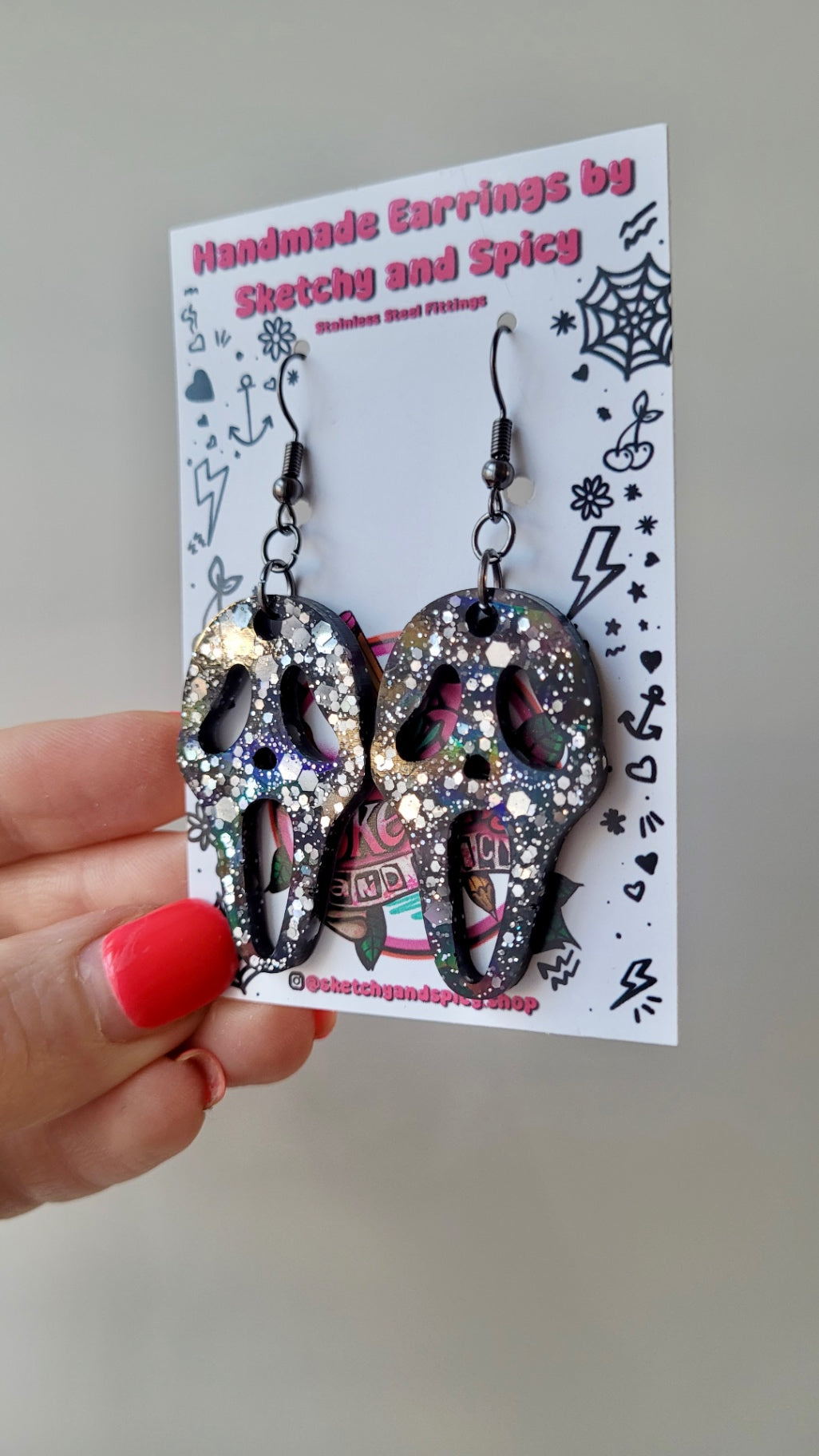 Black with Silver Glitter Ghostface Earrings - Scream Inspired - Stainless Steel Hooks