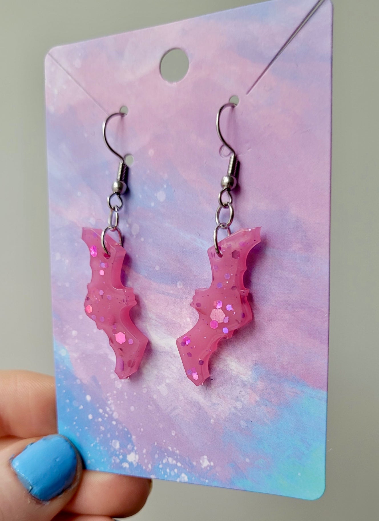 Pink Glitter Bat Earrings - ‘W’ Wing - Stainless Steel Hooks