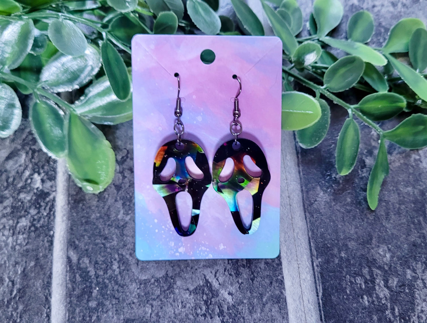 Black Gloss Holographic Ghostface Earrings - Scream Inspired - Stainless Steel Hooks