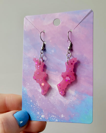 Pink Glitter Bat Earrings - ‘W’ Wing - Stainless Steel Hooks