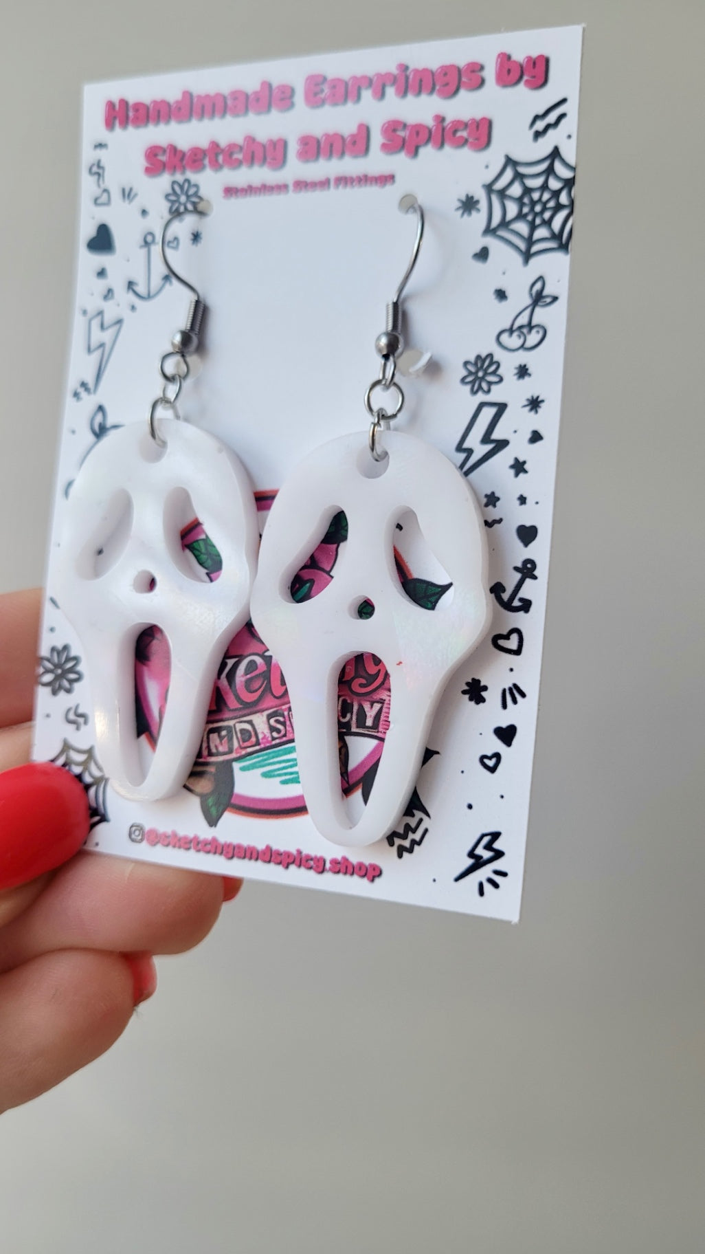 White Gloss Holographic Ghostface Earrings - Scream Inspired - Stainless Steel Hooks
