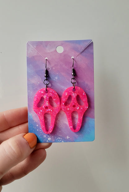 Hot Pink Glitter Ghostface Earrings - Scream Inspired - Stainless Steel Hooks