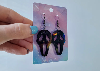 Black Gloss Holographic Ghostface Earrings - Scream Inspired - Stainless Steel Hooks