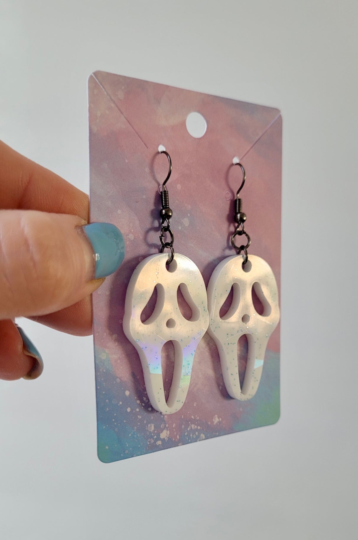 White with Blue Glitter Ghostface Earrings - Scream Inspired - Stainless Steel Hooks