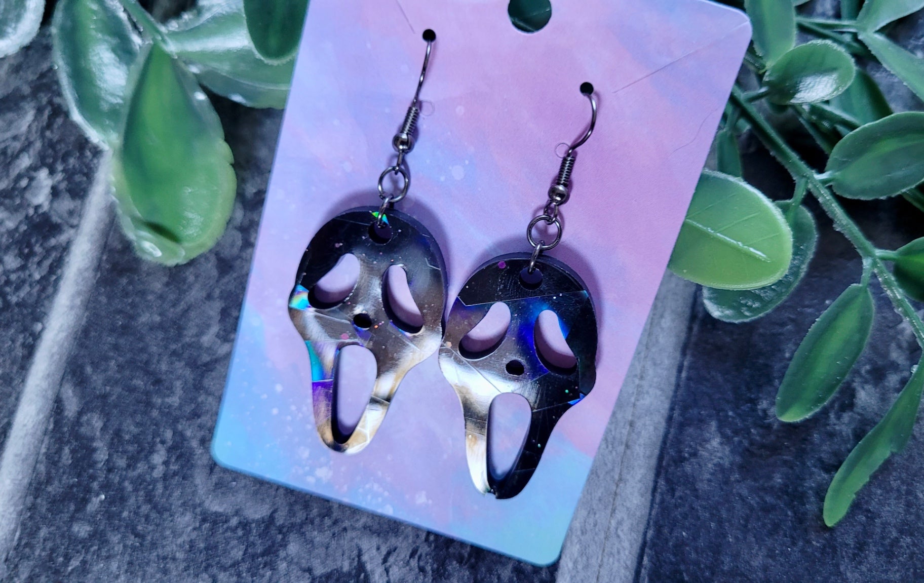 Black Gloss Holographic Ghostface Earrings - Scream Inspired - Stainless Steel Hooks