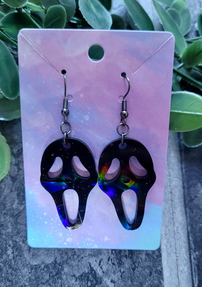 Black Gloss Holographic Ghostface Earrings - Scream Inspired - Stainless Steel Hooks