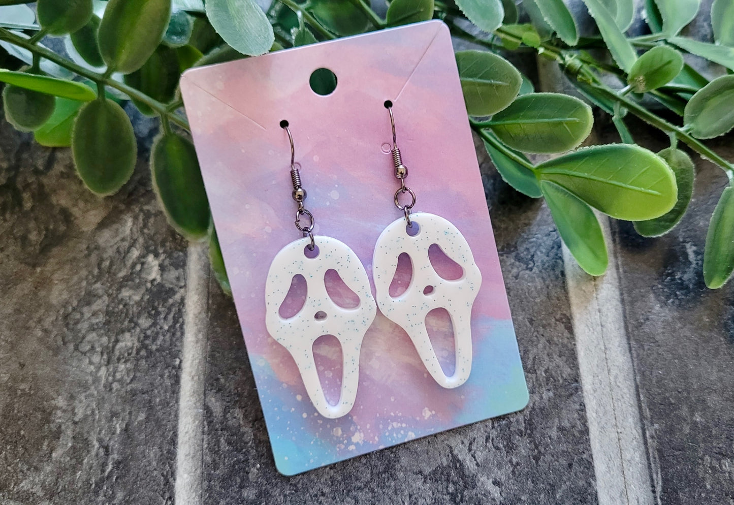 White with Blue Glitter Ghostface Earrings - Scream Inspired - Stainless Steel Hooks