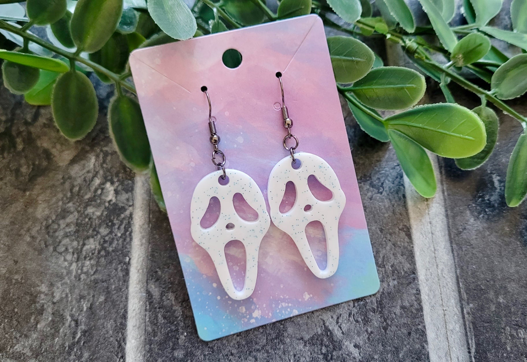 White with Blue Glitter Ghostface Earrings - Scream Inspired - Stainless Steel Hooks