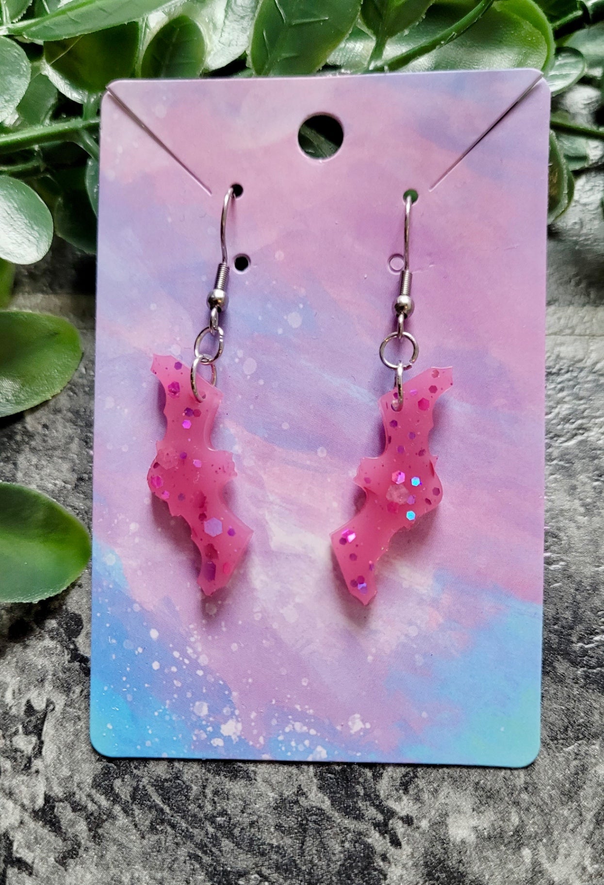 Pink Glitter Bat Earrings - ‘W’ Wing - Stainless Steel Hooks