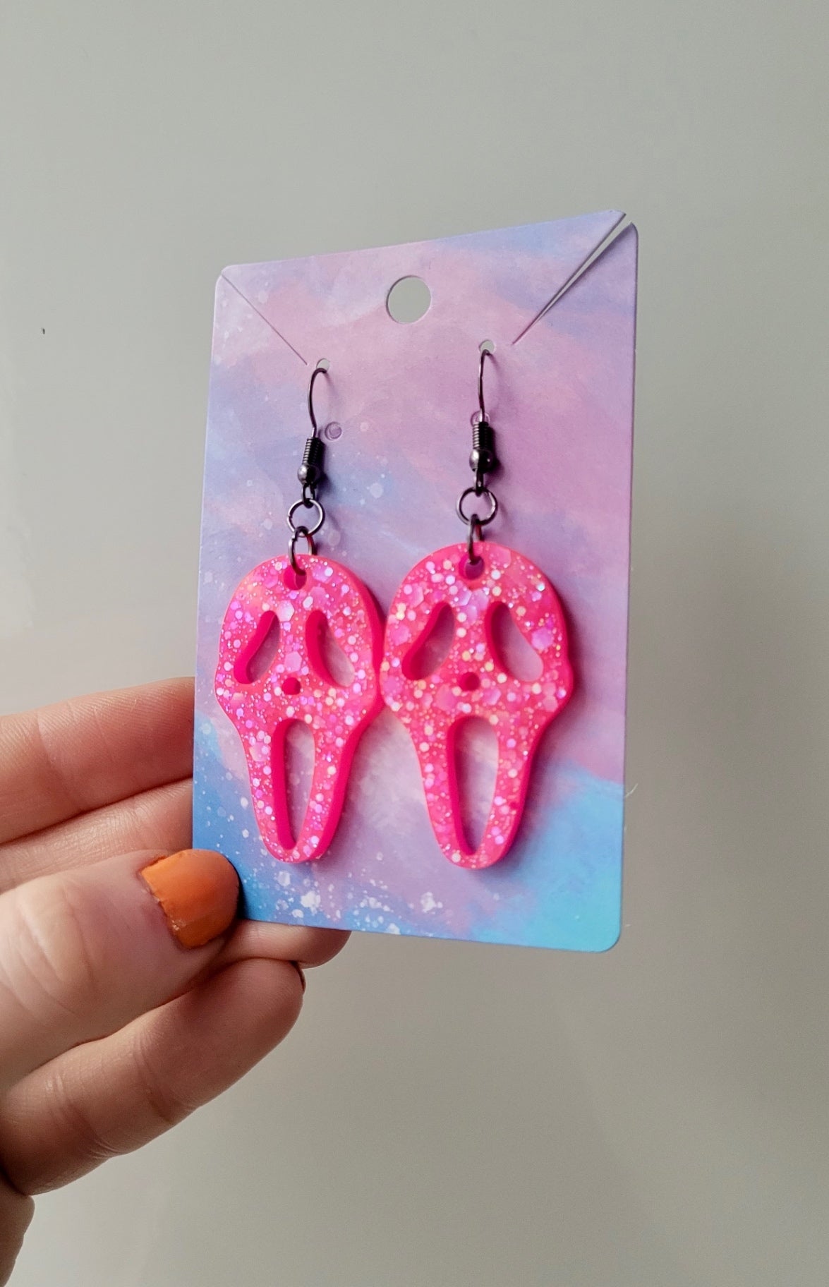 Hot Pink Glitter Ghostface Earrings - Scream Inspired - Stainless Steel Hooks