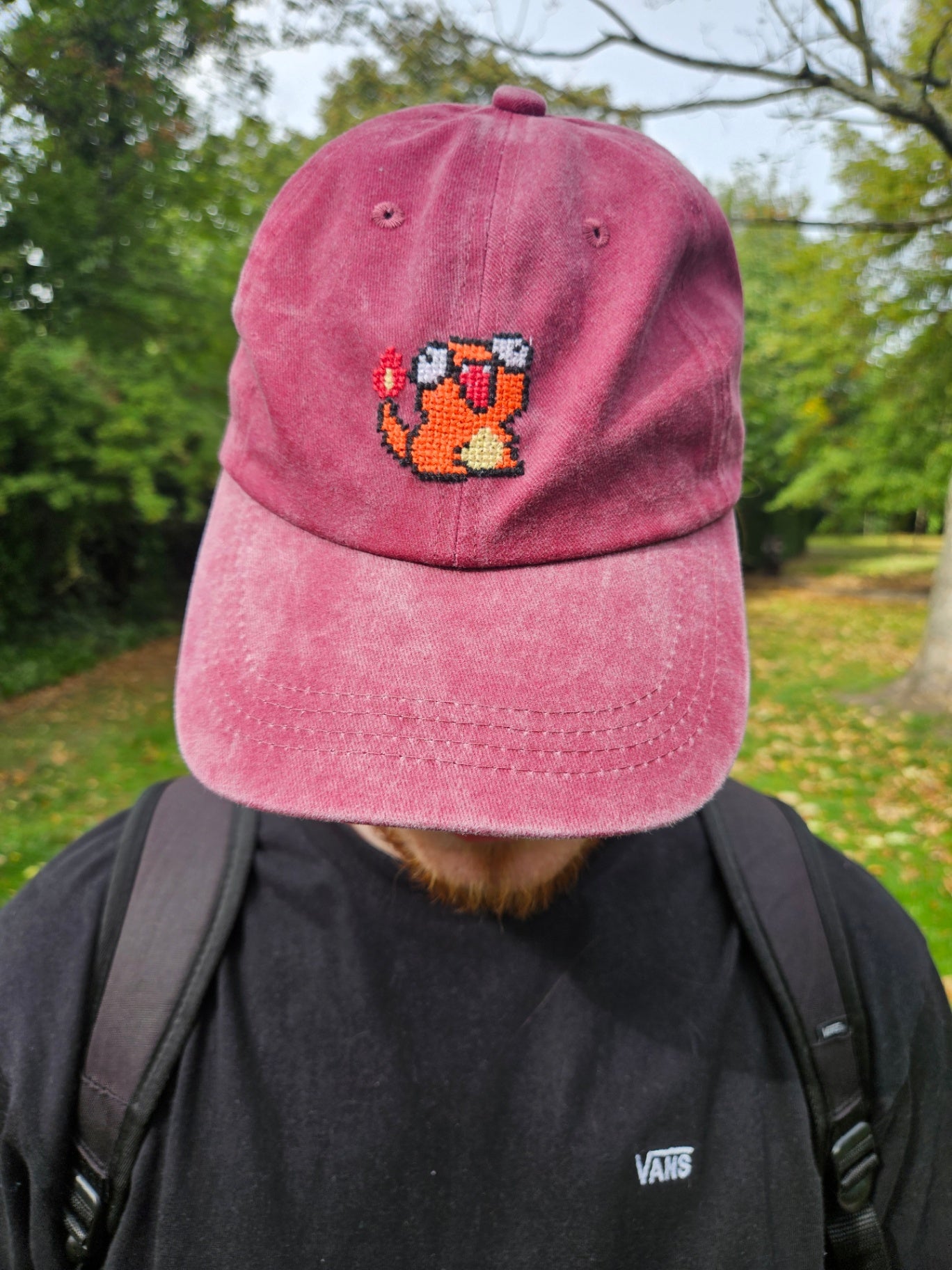 Red Cross Stitched Charmander Pokemon Hat