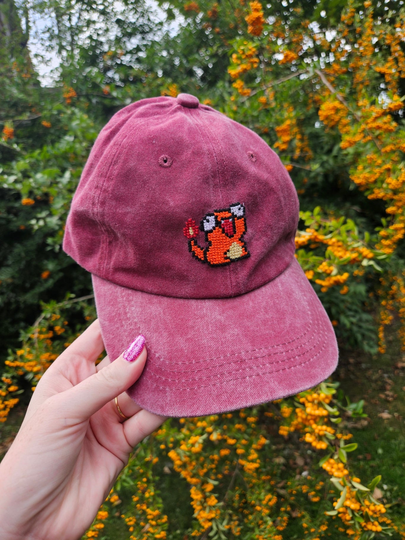 Red Cross Stitched Charmander Pokemon Hat