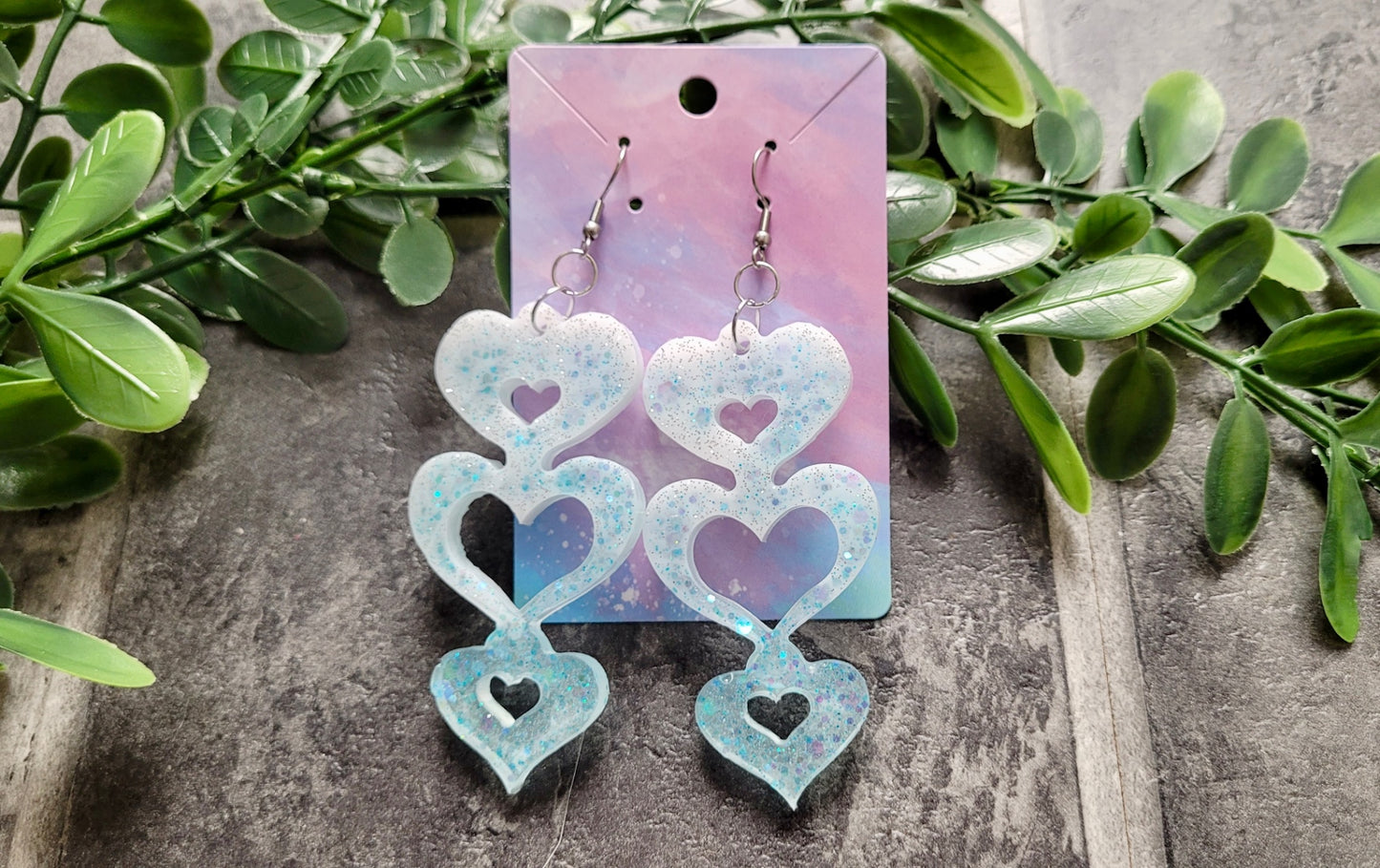 Triple Heart Cut-Out Earrings - Blue-White Glitter - Stainless Steel Hooks
