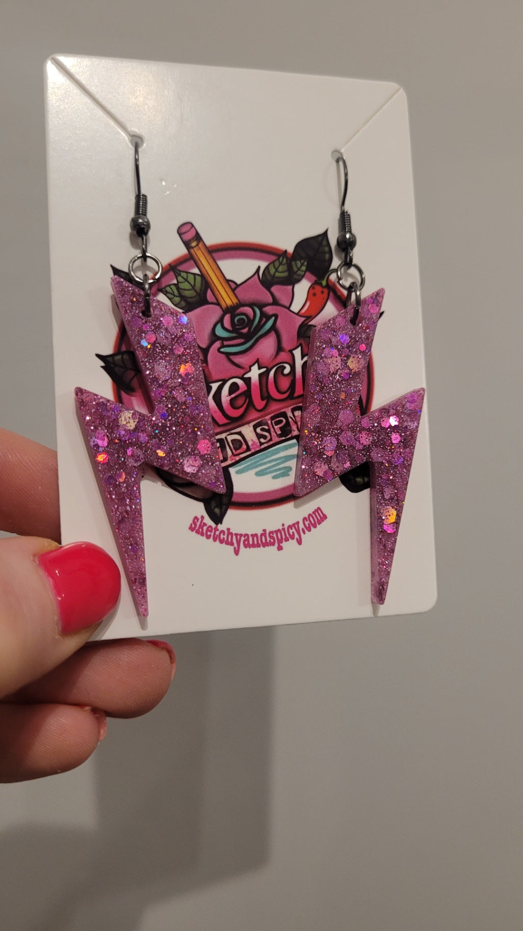 Pink Glitter Lightning Bold Earrings - Stainless Steel Gunmetal Black Hooks