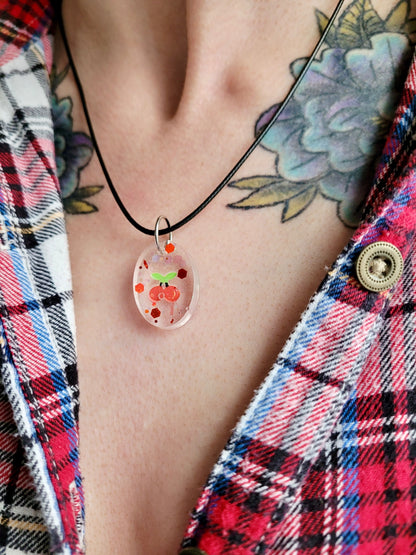 Cherry Glitter Oval Pendant Necklace - Black Cord 50 + 5cm 