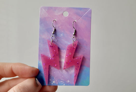 Pink Shimmer Lightning Bolt Earrings - Stainless Steel Hooks