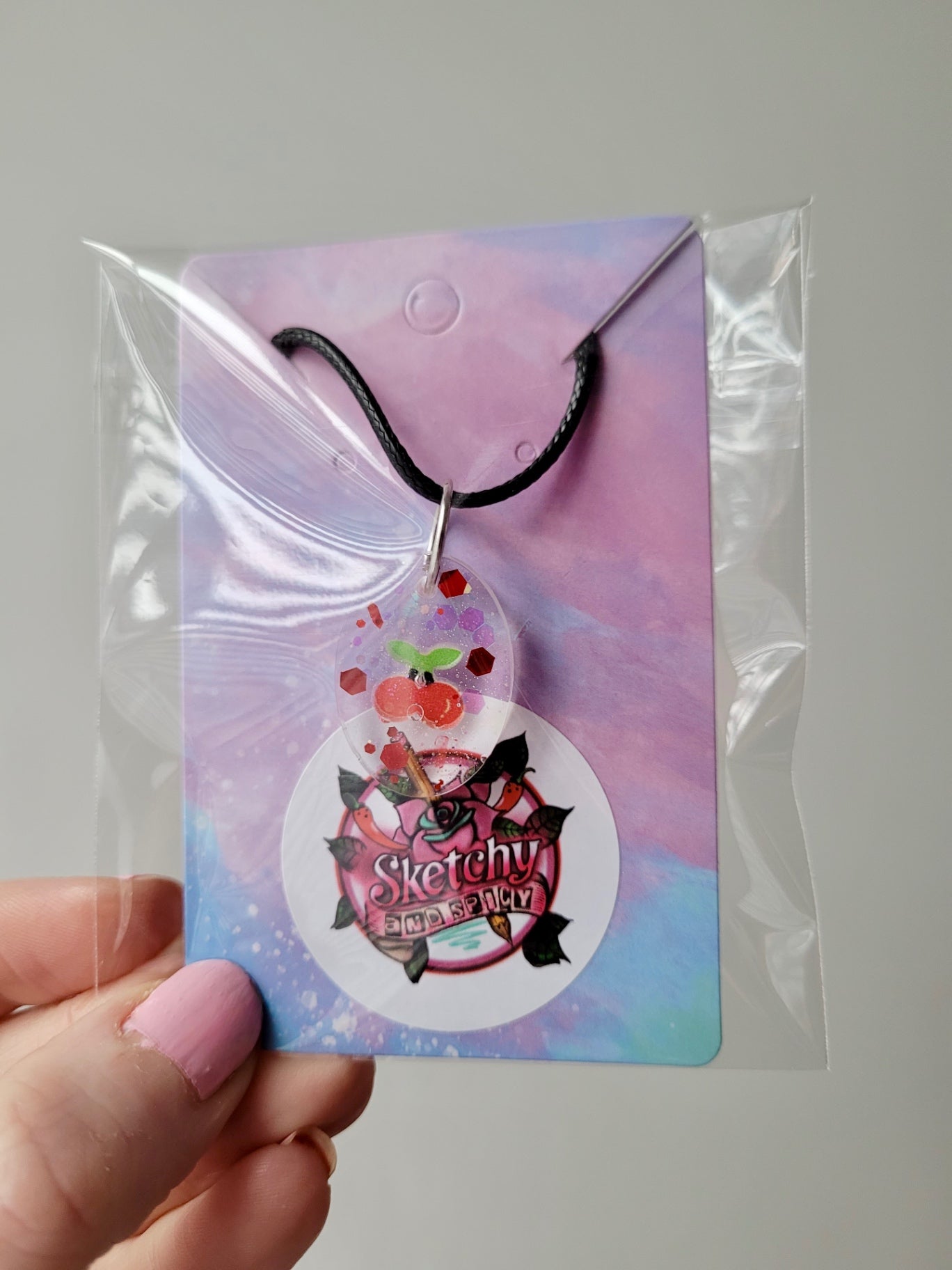 Cherry Glitter Oval Pendant Necklace - Black Cord 50 + 5cm 