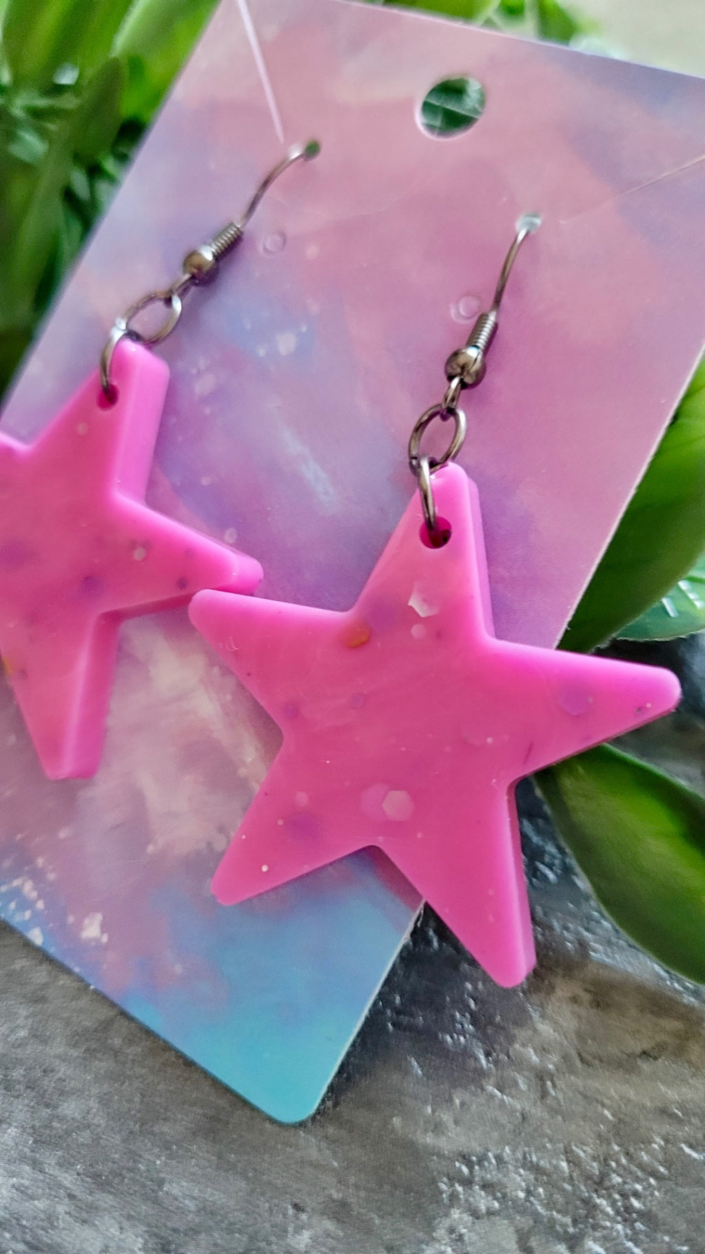 Light Pink Glitter Star Earrings - Stainless Steel Gunmetal Black Hooks