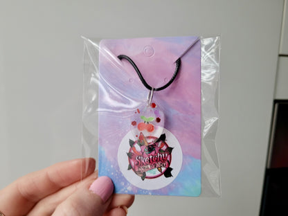 Cherry Glitter Oval Pendant Necklace - Black Cord 50 + 5cm 